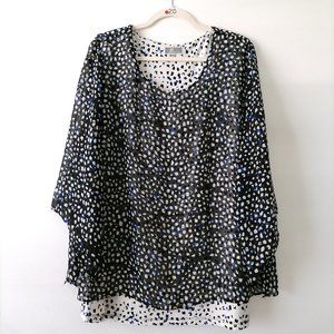 JM Collections Womens Black Round Neck Flared Sleeve Spotted Blouse Top Size XL